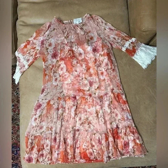 Johnny Was Yours Truly Silk Floral Mini Dress Lace Trim Sz Medium MSRP $410 - Picture 3 of 14